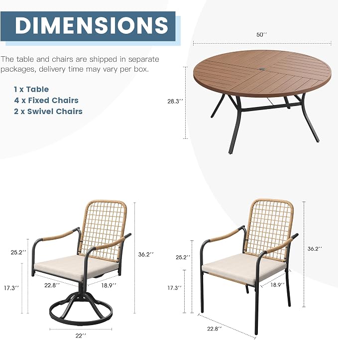 DIFY 7 Pieces Outdoor Dining Set for 6, 50" Walnut Round Metal Table with 4 Stackable Wicker Patio Chairs & 2 Swivel Chairs, Patio Furniture Set with Cushions and Umbrella Hole, Wheat Rattan