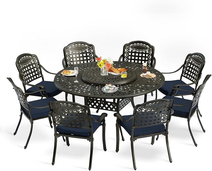 9-Piece Patio Furniture Dining Set, All Weather Cast Aluminum Outdoor Conversation Set- 61" Round Patio Dining Table with Detachable Lazy Susan & 8 Chairs, 2" Umbrella Hole, Navy Blue