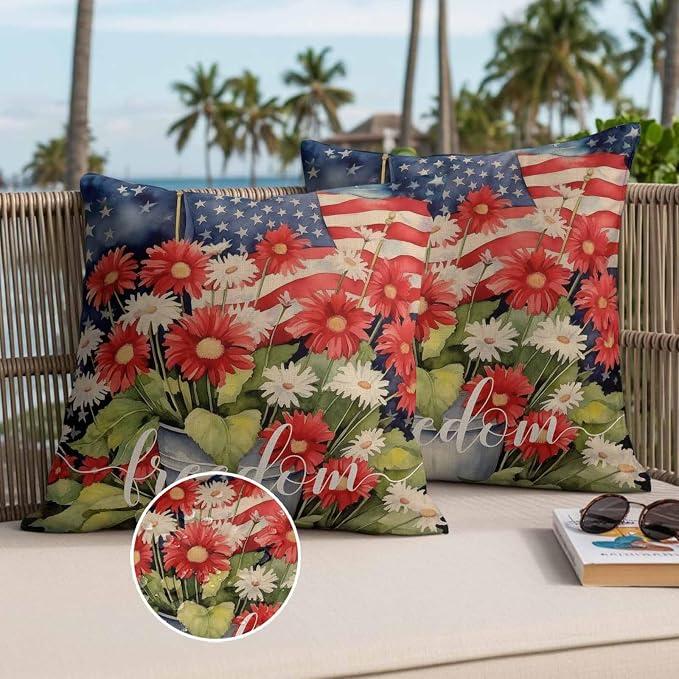 Independence Day Patriotic Flag Outdoor Pillow Covers 18x18in Pack of 2 Waterproof Pillowcase Blossom Flower Green Leaves Decorative Throw Cushion Case for Patio Couch Sofa