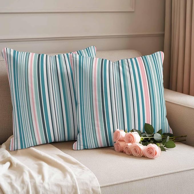 Outdoor Waterproof Throw Pillow Covers Set of 2 Turquoise Blue Striped Pillowcases 26x26 Inches Geometric Pink Stripes Decorative Pillows Cushion Case Patio Pillows for Couch Bed Chair Garden