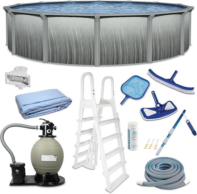Blue Wave Martinique 24-ft Round 52-in Deep Hard Sided Above Ground Pool Kit with 7-in Steel Top Rails, Dual-Speed Sand Filter System, Ladder, Liner, Skimmer & Maintenance Kit – 12,600 Gallon Cap