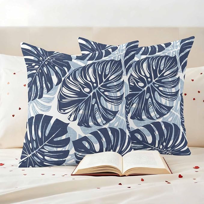 Navy Blue Leaf Outdoor Pillow Covers Set of 2 Tropical Country Watercolor Jungle Botanical Leaves Waterproof Throw Pillow Cover Decorative Cushion Cases for Patio Porch Garden 18X18 Inch