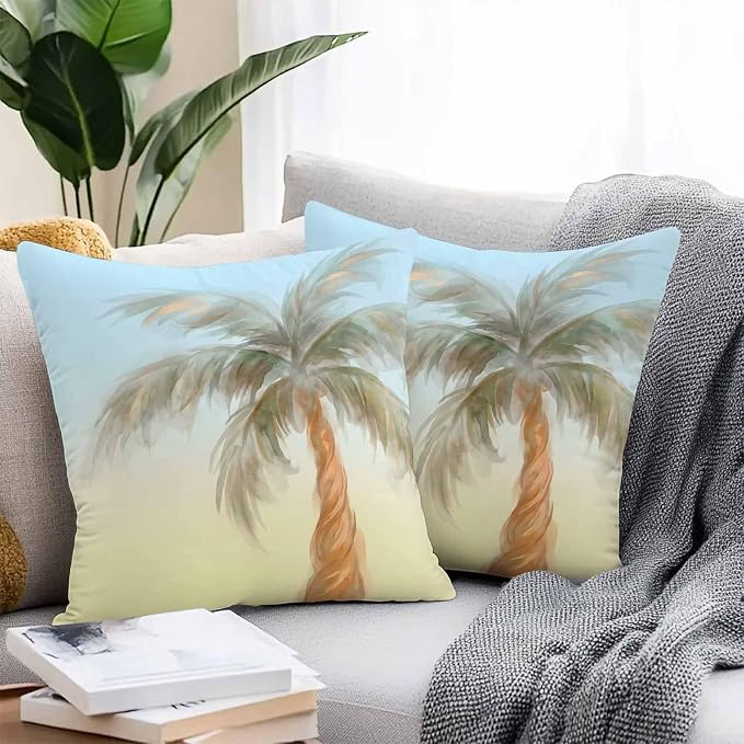 Yukro Summer Palm Tree Outdoor Waterproof Pillow Covers Pack of 2, Coastal Tropical Plant Watercolor Texture Throw Pillowcases Decorative Cushion Covers for Garden Patio Tent Sofa Couch, 16x16 inch