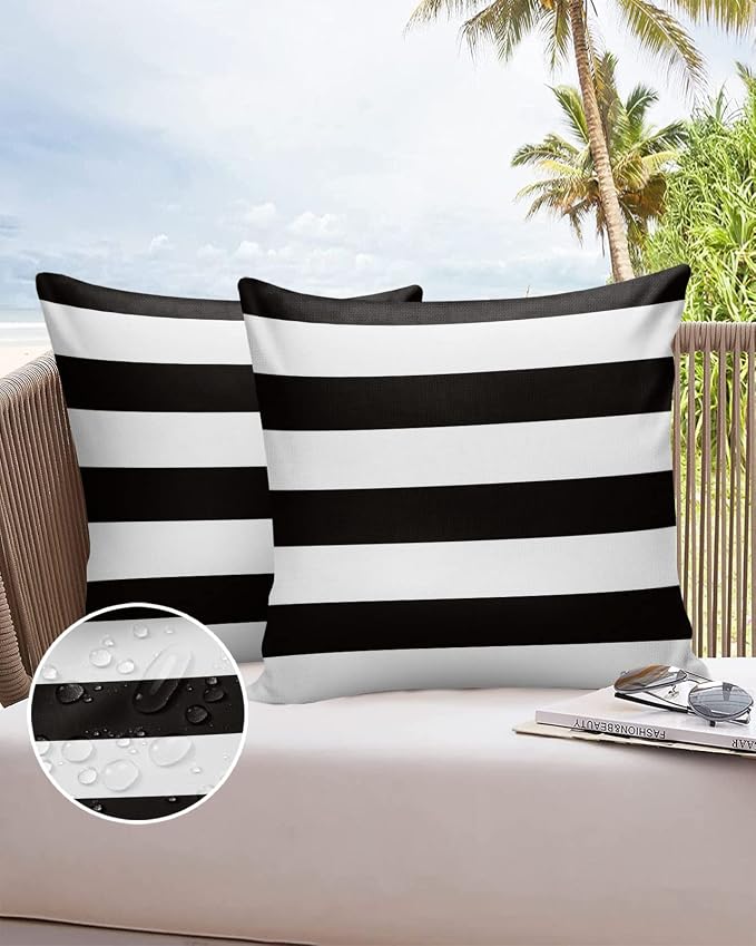 Outdoor Waterproof Throw Pillow Covers Set of 2 Black White Stripe Pillowcases 24x24 Inches Simple Style Striped Decorative Pillows Cushion Case Patio Pillows for Couch Bed Chair Garden