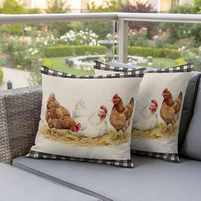 Farmhouse Rooster Outdoor Waterproof Pillow Covers, Farm Chicken Animals Retro Buffalo Plaid Decorative Square Throw Pillowcase Sofa Cushion Sham for Patio/Couch/Chair, 18"x18" 2 Pack