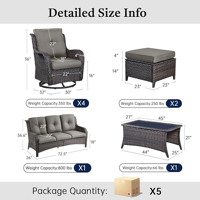 8 Piece High Back Wicker Patio Furniture Set - Patio Conversation Set with 4 Inch Thick Cushions and Deep Seating Swivel Glider Chairs Set of 4 & Outdoor Couch for Porch Deck Yard Pool