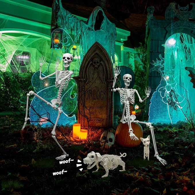 5.4ft Halloween Full Size Skeleton with Dog Cat for Haunted Party Decor | Life Like Posable Skeleton Realistic Human Plastic Bones with Animals Skeleton for Halloween Party Lawn Haunted House Decor