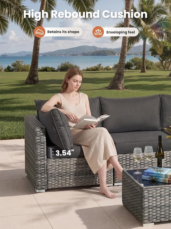 ovios Outdoor 8 Piece Patio Furniture Set with Fire Pit Table,Conversation Sectional Wicker Couch with Coffee Table,Modern Outside Sofa for Balcony Backyard, Black