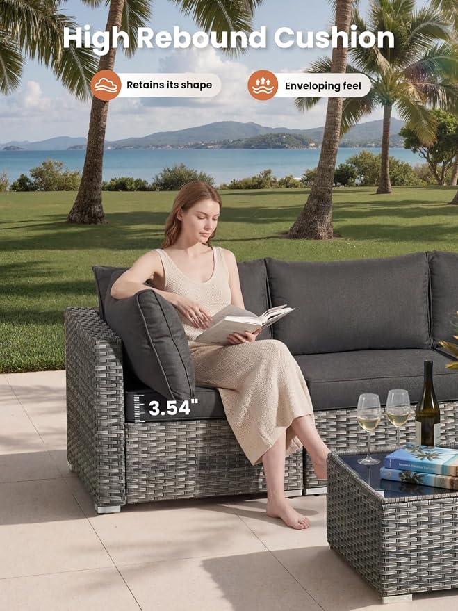 ovios 10 Piece Outdoor Patio Furniture Set with Fire Pit Table,Conversation Sectional Wicker Couch with Swivel Chairs,Modern Outside Sofa for Balcony Backyard, Black