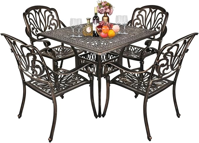 VINGLI 5 Pieces Outdoor Patio Dining Set, Cast Aluminium Patio Furniture Set with 4 Chairs and 1 Umbrella Table for Yard, Garden, Porch and Poolside, Bronze