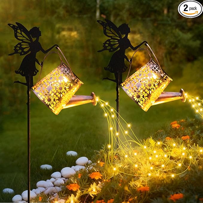 2Pack Solar Watering Can Lights,Waterproof Hollowed-Out Retro Metal Outdoor Lights,Fairy Solar Garden Lights Outdoor Decoration Gifts for Mom Grandma(Angel 2 Style)