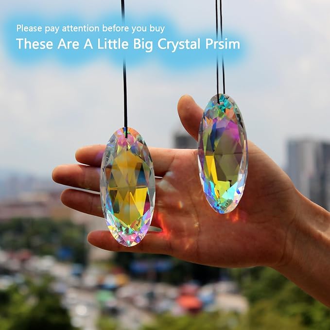2PCS Eye Crystal Suncatcher Prisms for Windows (Oval Eye) | AB Color, Transparent, K9 Glass, Rainbow Maker, with Hooks & Cord