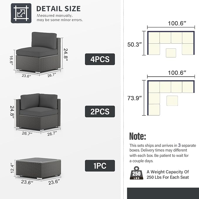 SUNCROWN 7-Piece Outdoor Patio Furniture Sofa Set All-Weather Wicker Sectional Conversation Set with Modern Glass Coffee Table, Cushions and A Waterproof Cover for Backyard, Garden, Poolside, Grey