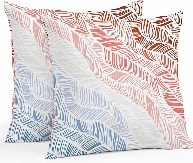 Vandarllin Outdoor Throw Pillows Covers 16x16 inch Set of 2 Waterproof Summer Beach Decorative Zippered Cushion Covers for Patio Furniture, Ombre Red Abstract Leaf Lines Lumbar Pillowcases