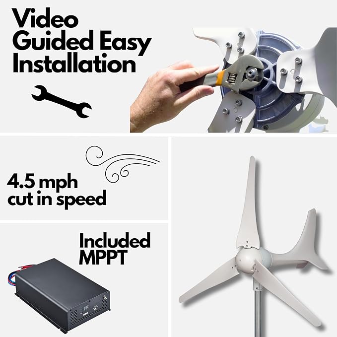 Automaxx Windmill 600W (12V/24V) (50A/25A) Wind Turbine Generator kit Wind Power MPPT Charge Controller Included (Amp, Volt & Watt Display) + Automatic and Manual Braking System. DIY Installation