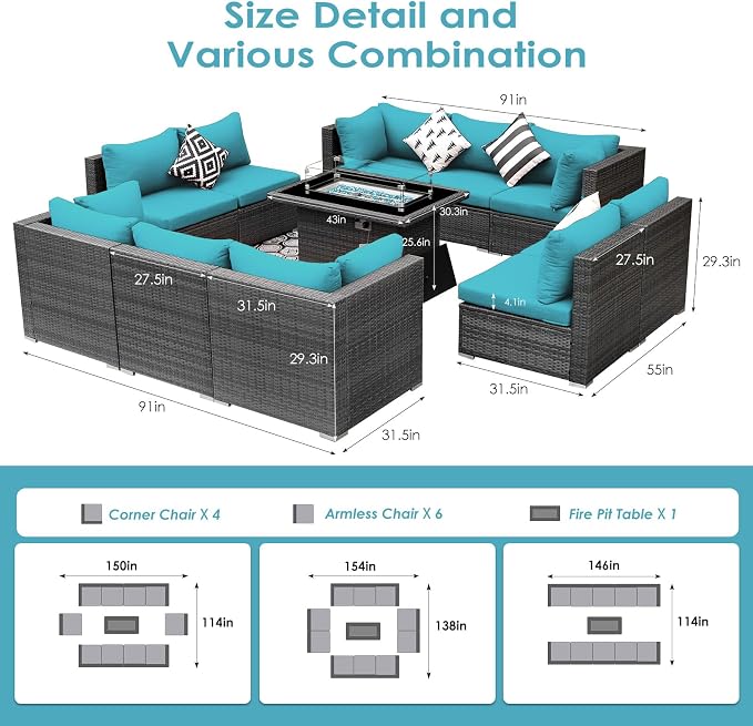 BULEXYARD 11 Piece High Back Outdoor Patio Set with Firepit, Extra Large Backyard Furniture Sectional Couch 10-Seater Modular, XL Big Wide Deep Outside Seating Area for Exterior, Grey & Turquoise