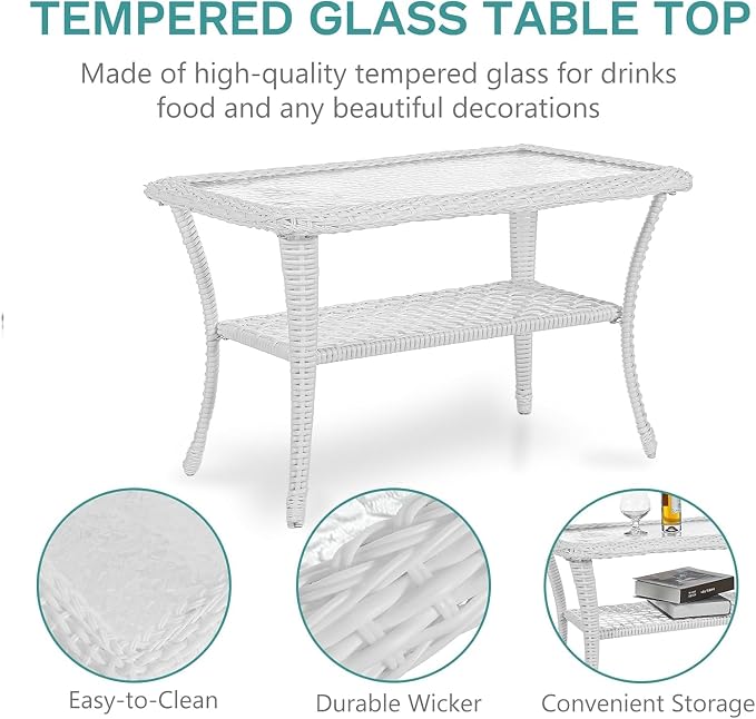 MEETWARM 5 Pieces Outdoor Patio Rattan Furniture Sets, All Weather Patio Wicker Conversation Set - 2 Rocking Swivel Chairs 1 Rattan Loveseat Glider with Cushions, 2 Coffee Table, White Wicker/Red