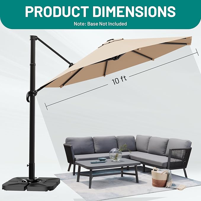 AreShark 10FT Cantilever Patio Umbrella, 360-Degree Rotation Round Hanging Offset Umbrella with Crank, Heavy Duty Patio Umbrella for Patio, Pool, Garden, Deck, Beige