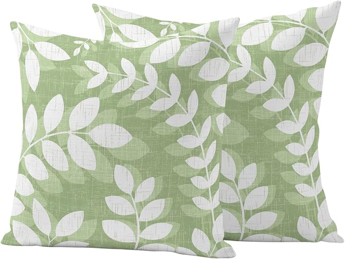 Olive Green Leaves Outdoor Waterproof Throw Pillow Covers 26x26 Set of 2, Farmhouse Botanical Branch Vintage Boho Decorative Pillowcases Cushion Pillowcase for Couch Sofa Patio Pillow Protector