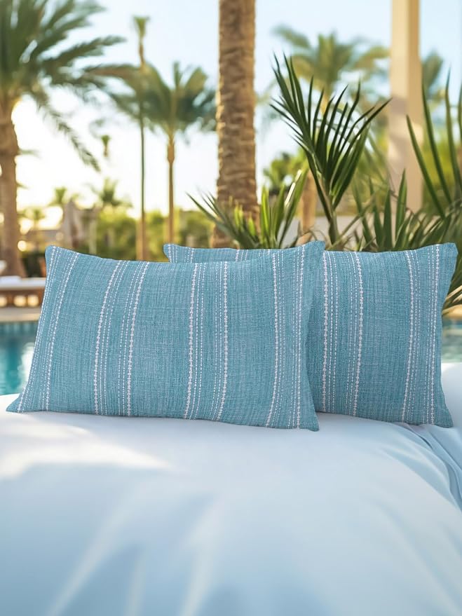 Waterproof Outdoor Pillow Set of 2 Blue Linen Stripes Decorative Throw Pillows Cover & Insert 20x12 Inch Lumbar Pillowcase Parallel Vertical Lines Pillows for Couch Sofa Bed Patio Furniture