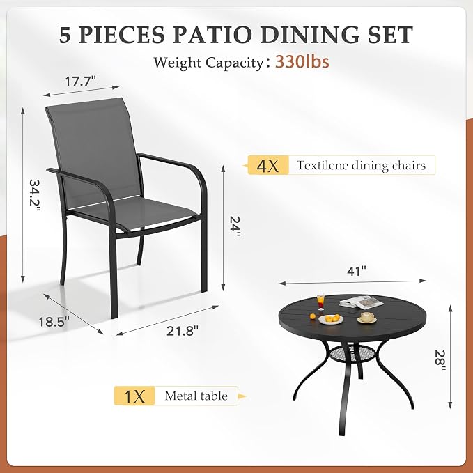 Incbruce 5 PCS Patio Dining Set, Outdoor Dining Set of 4 Textilene Chairs and 41" Round Table with Umbrella Hole for Backyard, Garden, and Poolside (Grey)