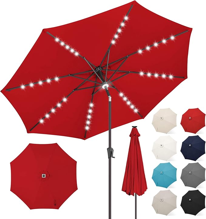 FLAME&SHADE 9 FT outdoor umbrella with 40LED lights, solar light patio umbrella with Centre Surround Light, Table Market Umbrella Outdoor Patiofor Deck, Pool, Backyard, Garden (Red)