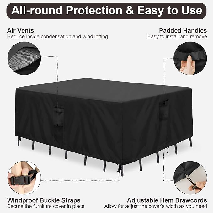 PureFit Patio Furniture Covers, Outdoor Table Furniture Cover Waterproof, Patio Sectional Couch Set Cover for Deck, Lawn and Backyard, UV Resistant, 126"L x 126"W x 32"H, Black