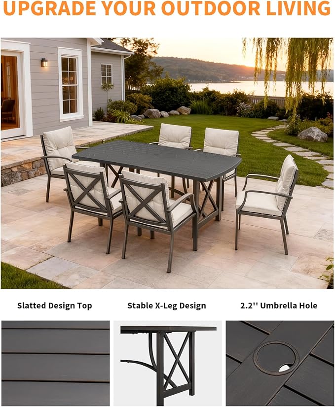 7 Pieces Outdoor Patio Dining Set, Never-Rust Aluminum Patio Table and Chairs, Outdoor Dining Set for 6 with Cushions, Patio Furniture Set for Deck, Garden, Backyard, Gunmetal