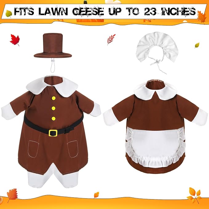2 Set Thanksgiving Goose Outfit Pilgrim Couple Costume Autumn Lawn Porch Goose Cloths Plastic Goose Clothing Fall Thanksgiving Goose Outfit for 23" Goose Outdoor Patio Yard Lawn Art