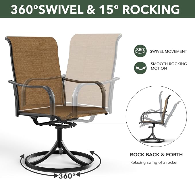 Anmutig 27.5 Inch Brown Outdoor Patio Round Table with 2 Brown Yellow Swivel Chairs - Style2