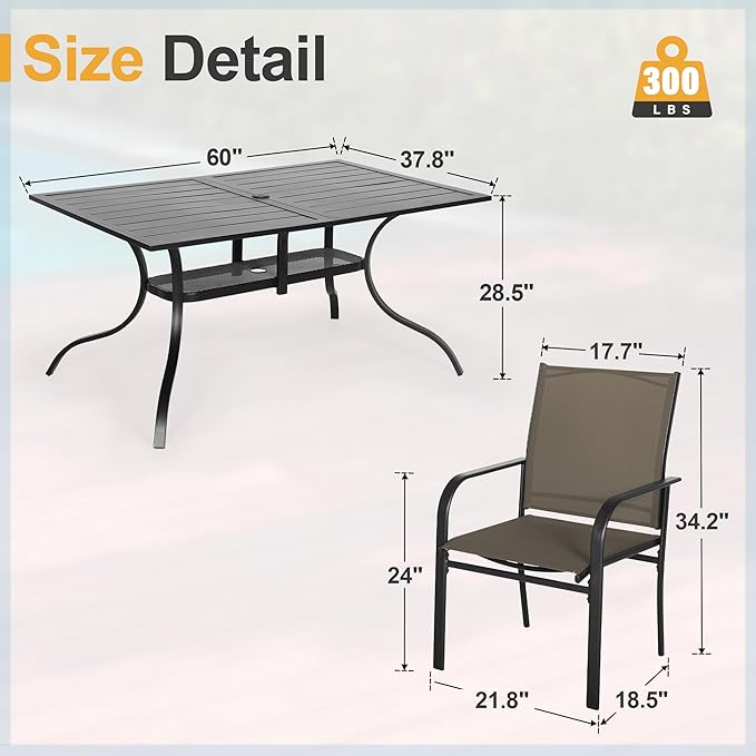 Crownland 7 Piece Patio Dining Set, Outdoor Textilene Dining Sets, 6 Textilene Metal Chairs and Rectangular Outdoor Dining Table with 1.57" Umbrella Hole (Brown)