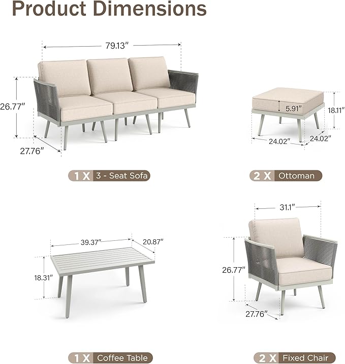 PHI VILLA 8-Piece Rope Rattan Patio Sectional Furniture Set,Modern Outdoor Conversation Set with Detachable Armrests and Grey Metal Frame,All Weather Patio Sofa with Coffee Table and Biege Cushions