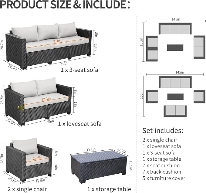5-Piece Outdoor Wicker Patio Furniture Set with Sectional Sofa Couch, Storage Table, Royal Blue Anti-Slip Cushions, Waterproof Covers for Garden, Porch, Backyard Lounge(Gray)