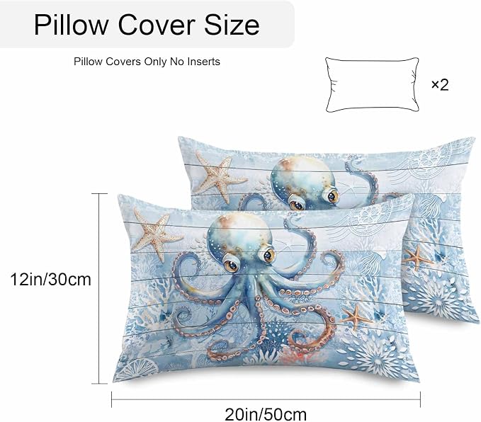 Coastal Octopus Waterproof Outdoor Pillow Covers Set of 2 Home Decor, Nautical Sea Starfish Coral Wooden Grain Pillowcase Patio Pillow Covers for Couch Bench Furniture Garden 20x12in