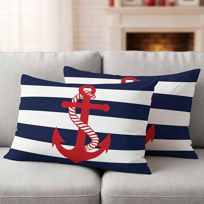 Nautical Anchor Outdoor Waterproof Throw Pillow Covers Set of 2, 20"x12", Coastal Navy Blue Stripe Decorative Pillow Covers Outside Cushion Case for Patio Porch Garden
