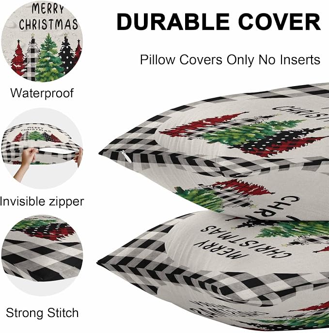 YOKOU Outdoor Throw Pillow Covers, Merry Christmas Tree Geometric Xmas Trees Watercolor Black Plaid Waterproof Pillowcases Cushion Covers Cases for Patio Couch Bench, Pack of 2 Square, 20"X20"