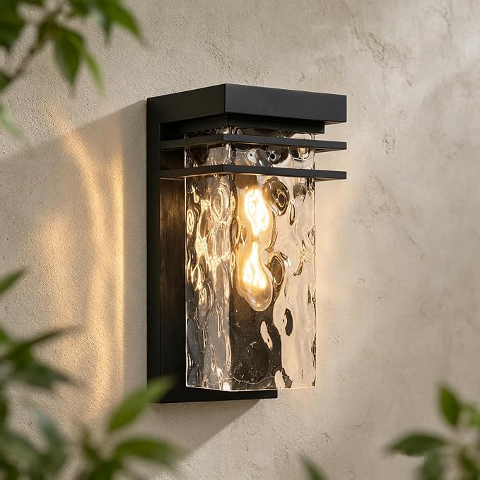 Modern Outdoor Wall Sconce Exterior Porch Light Fixture for House | 12 in. Black, Water Seeded Glass, Open Bottom, Waterproof Patio Lighting, 1 Pack