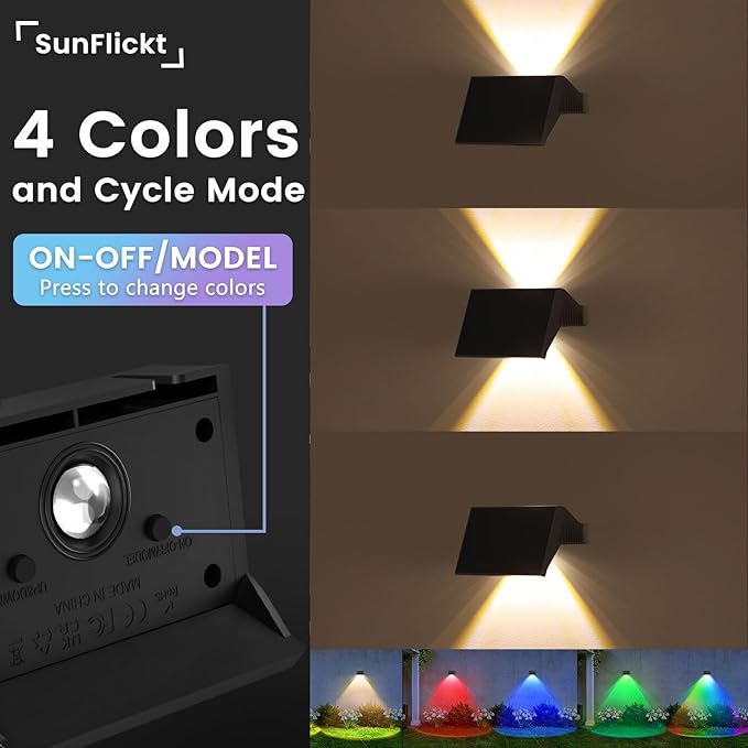 Solar Fence Lights Outdoor, 20 Pack White & RGB Up and Down Solar Wall Lights, IP67 Waterproof LED Dusk to Dawn Solar Powered Fence Lights for Patio, Backyard, Deck, Garden, Yard, Outdoor Wall Decor