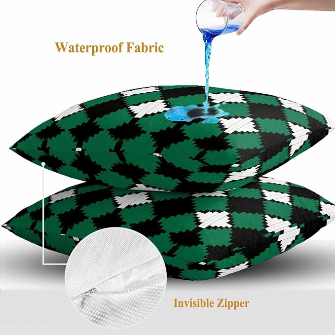 Vintage Rhombus Outdoor Waterproof Throw Pillow Covers Set of 2, 26"x26", Green Black White Decorative Pillow Covers Outside Cushion Case for Patio Porch Garden