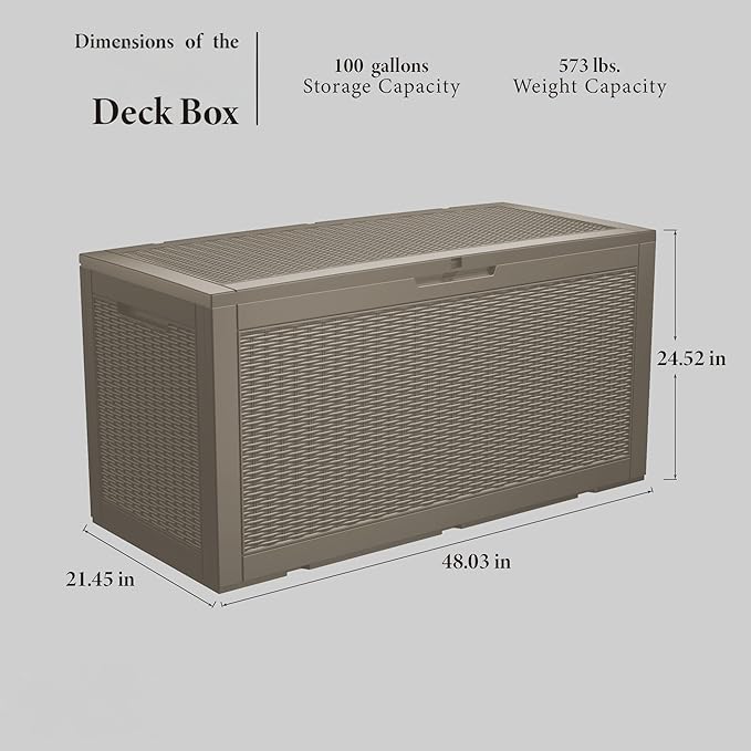 105 Gallon Waterproof Large Resin Deck Box Indoor/Outdoor Lockable Storage Container and Seating for Garden, Pool, and Patio