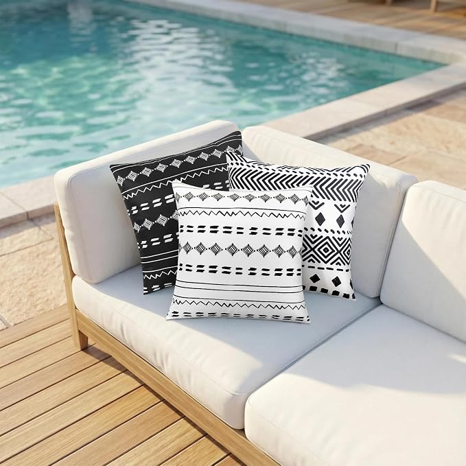 Outdoor Waterproof Pillow Covers 18x18 Set of 2 Black Geometric Design | Waterproof Fabric Designed for Patio Furniture, Porch, Balcony and Garden Decor