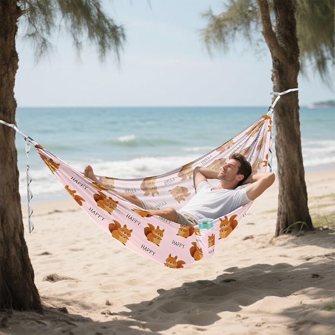 Camping Hammock Outdoor Hammocks for Outside Cute Squirrel Happy Beach Trees Portable Lightweight with Pockets Tree Straps Indoor