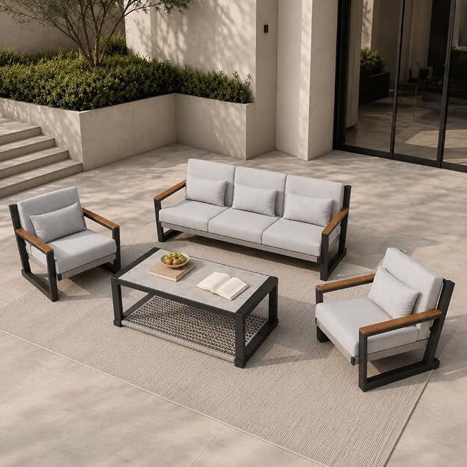 Aluminum Patio Furniture Set 5 Seats, Oversized Outdoor Sectional with Washable Thick Cushions, Coffee Table and Waterproof Cover, Patio Conversation Sets for Porch, Balcony, Deck Grey