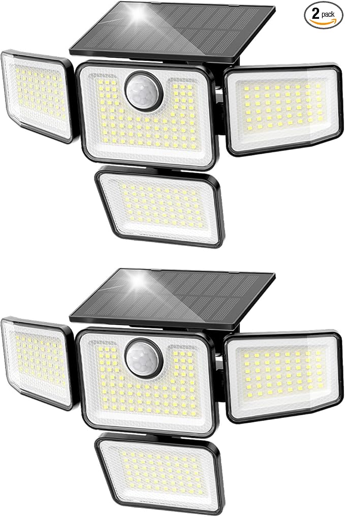 3000LM Solar Lights Outdoor, 4 Adjustable Heads Motion Sensor Security Light, 3 Modes, 6500K, IP65 Waterproof Solar Wall Flood Lights for Garden, Outside, Backyard, 2 Pack