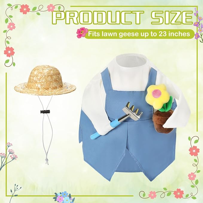 FuWeave Gardener Porch Goose Outfit Flower Goose Clothes for 23" Large Statue Outdoor Spring Summer Garden Yard Lawn Art Decoration, Overalls Gardener Gardening Enthusiast