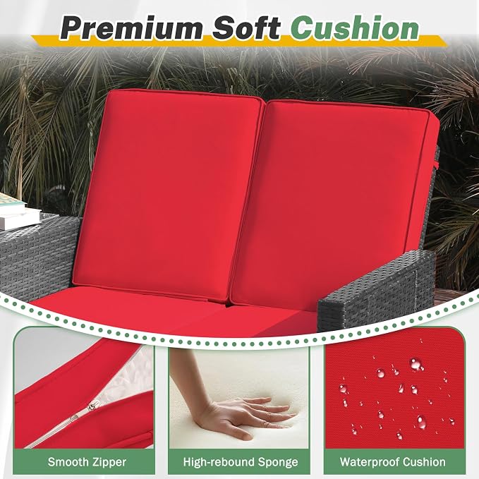 LVUYOYO 5 Piece Patio Furniture Set, Patio Wicker Conversation Set with Ottoman, Outdoor Chaise Lounge Chair with Side Table & Adjustable Backrest for Pool Backyard Garden (Brown Wicker Red Cushion)