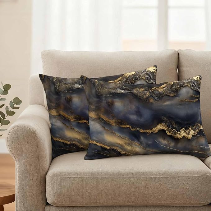 Modern Abstract Waterproof Outdoor Pillow Covers Set of 2 Home Decor, Luxury Black Golden Marble Texture Pillowcase Patio Pillow Covers for Couch Bench Furniture Garden 20x12in