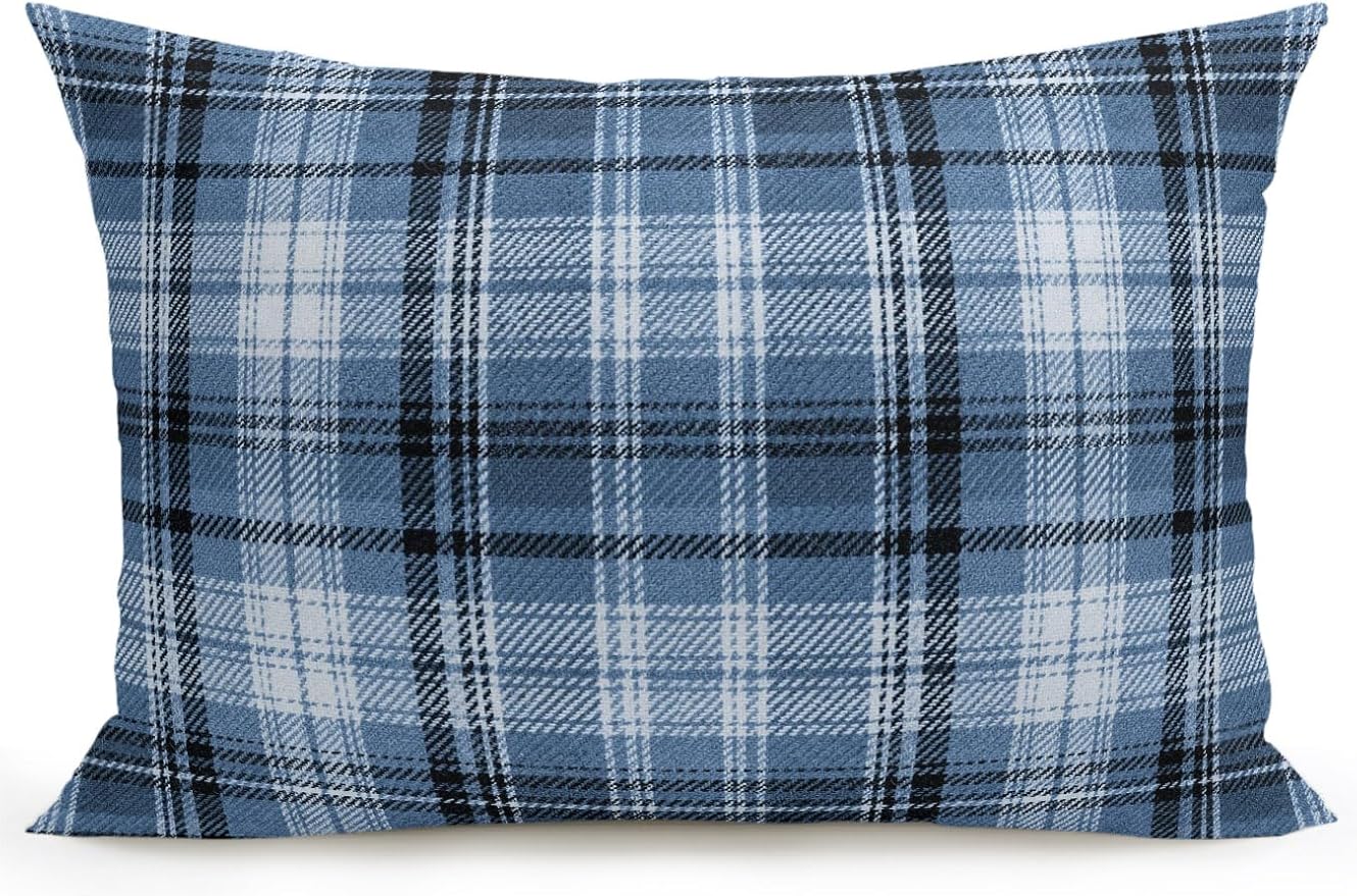 Waterproof Outdoor Pillow 1 Pack Blue Checked Plaid Decorative Throw Pillows Cover & Insert 20x12 Inch Lumbar Pillowcase Stripes Woven Grid Pillows for Couch Sofa Bed Patio Furniture Indoor Outdoor