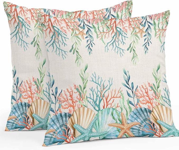 Throw Pillow Covers 20x20 Inch Set of 2, Summer Ocean Waterproof Outdoor Pillow Covers, Watercolor Coastal Coral Shell Seaweed Beige Decorative Cushion Pillowcases for Couch, Sofa, Bed, Garden, Patio