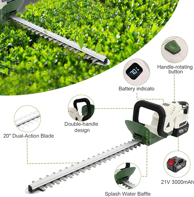 ALSO GO 20'' Cordless Hedge Trimmer, 21V Electric Bush Trimmer, Cordless Shrub Trimmer with 3Ah Battery and Charger, 3/4'' Cutting Capacity, Grass Shrub Trimmer for Garden, Lawn